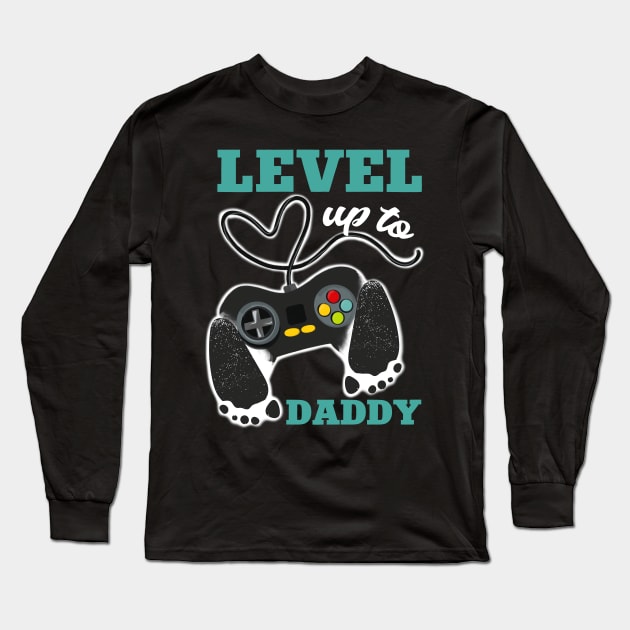 Father's Day Handprint tee Video Game Footprint Gift Leveled Up To Daddy tee Gift For Husband Gamer Dad Gift Long Sleeve T-Shirt by Audell Richardson